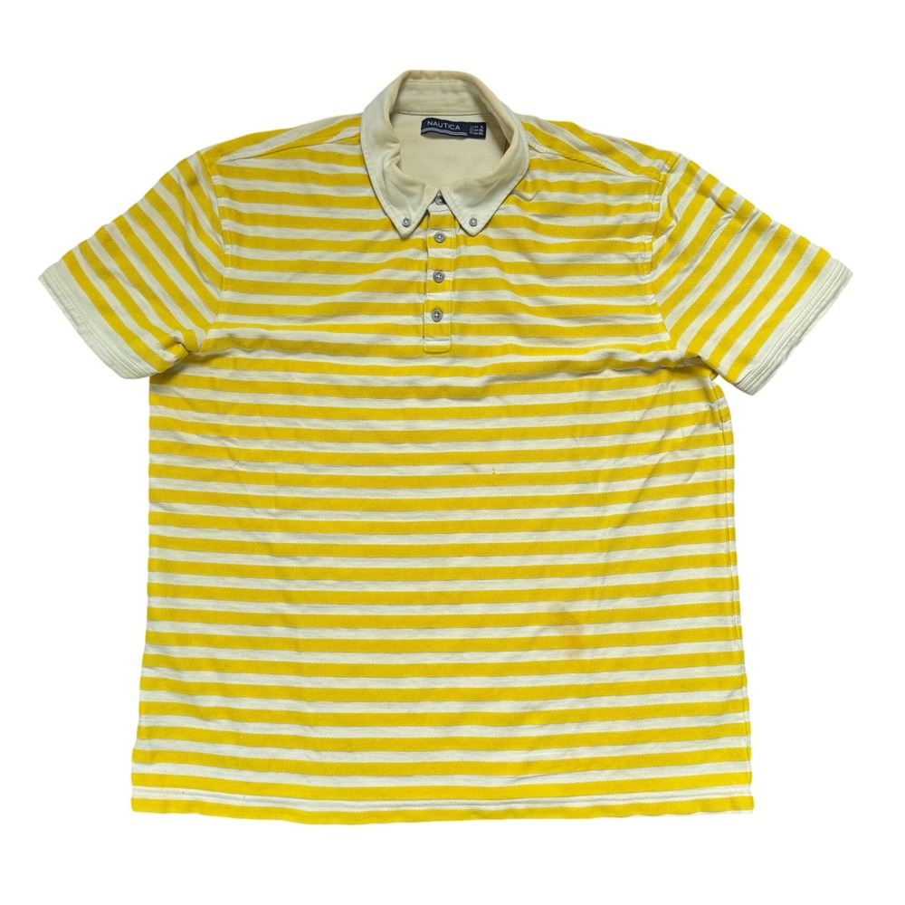 Nautica Mens XL Polo Shirt Yellow White Striped Short Sleeve Button Down Collar